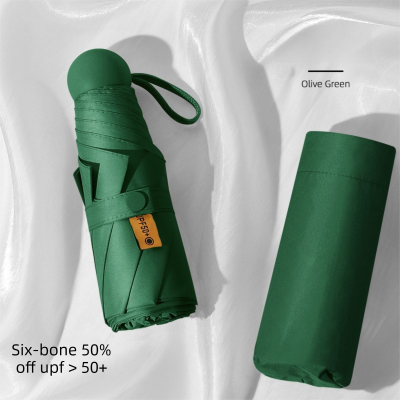 Mini Capsule Umbrella UPF 50+ Sun Protection Compact Pocket Parasol Lightweight Travel Rain Shade Windproof 6 Ribs UV Block Olive Green