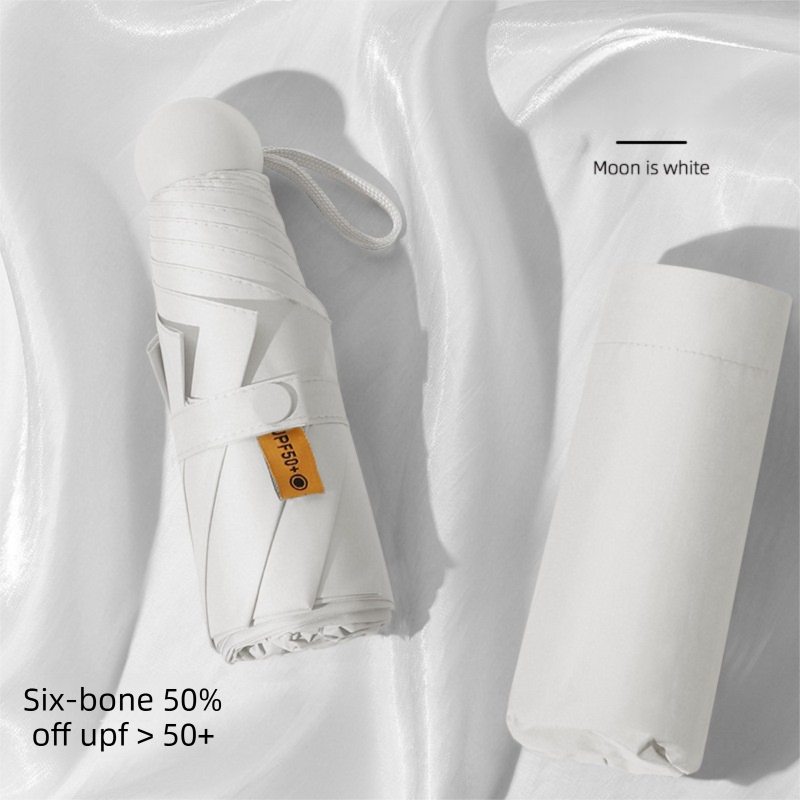 Mini Capsule Umbrella UPF 50+ Sun Protection Compact Pocket Parasol Lightweight Travel Rain Shade Windproof 6 Ribs UV Block Light White