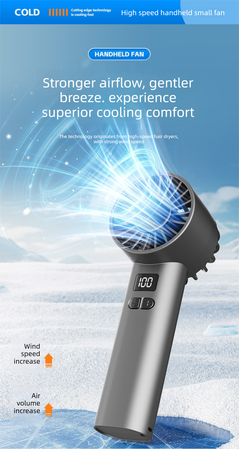 High Speed Handheld Turbo Fan 100 Adjustable Speeds Digital Display Portable Personal Cooling Device Rechargeable Type-C for Travel Outdoor White