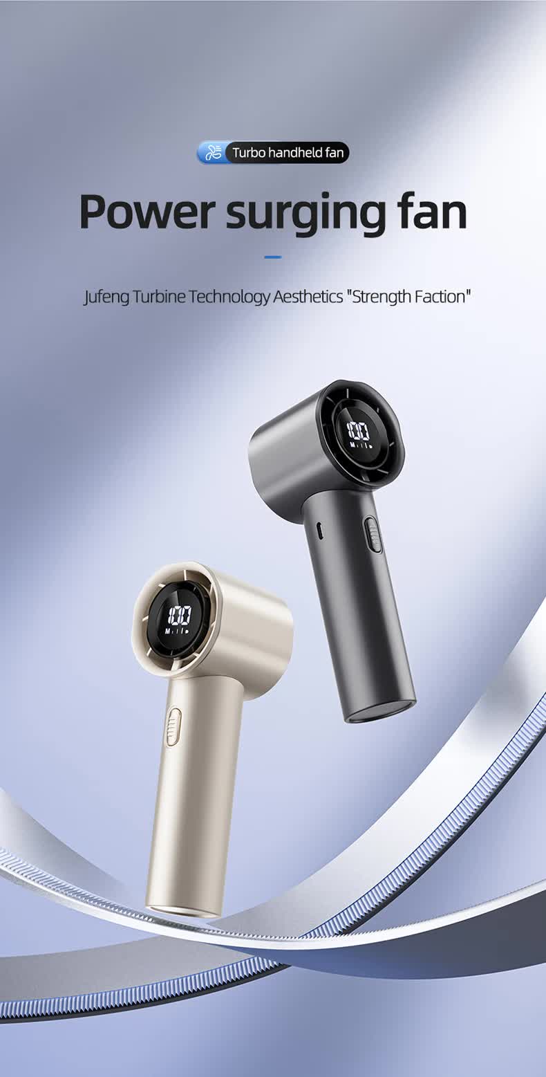 High Speed Handheld Turbo Fan Champagne Gold 3 Adjustable Speeds LED Display Portable Personal Cooling Fan Rechargeable for Travel Office Outdoor