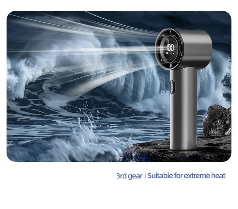 High Speed Handheld Turbo Fan Light Luxury Grey 3 Adjustable Speeds LED Display Portable Personal Cooling Fan Rechargeable for Travel Office Outdoor