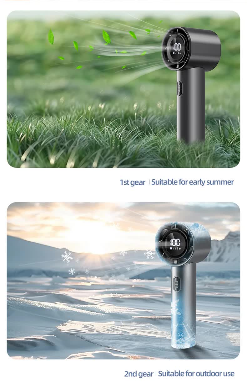 High Speed Handheld Turbo Fan Light Luxury Grey 3 Adjustable Speeds LED Display Portable Personal Cooling Fan Rechargeable for Travel Office Outdoor