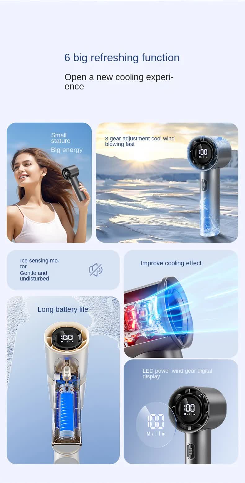 High Speed Handheld Turbo Fan Light Luxury Grey 3 Adjustable Speeds LED Display Portable Personal Cooling Fan Rechargeable for Travel Office Outdoor