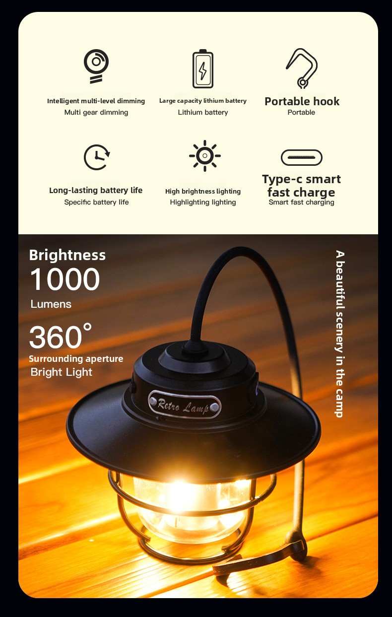 Retro LED Camping Lantern Rechargeable Pinecone Light Dimmable 4 Modes IPX4 Waterproof Hanging Tent Lamp for Outdoor Hiking Fishing Green