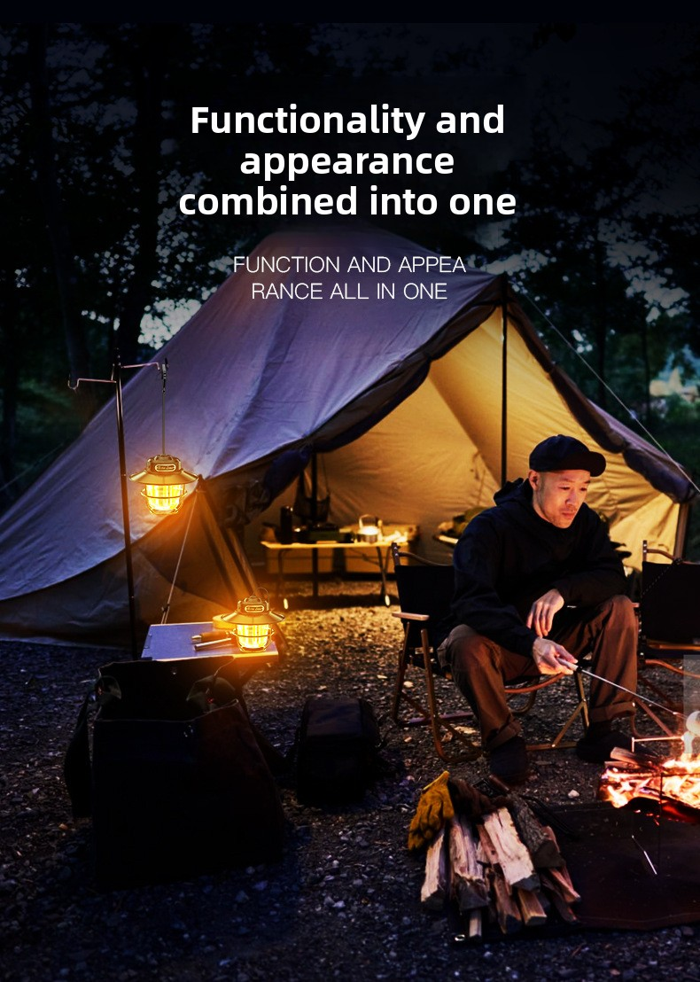 Retro LED Camping Lantern Rechargeable Pinecone Light Dimmable 4 Modes IPX4 Waterproof Hanging Tent Lamp for Outdoor Hiking Fishing Khaki