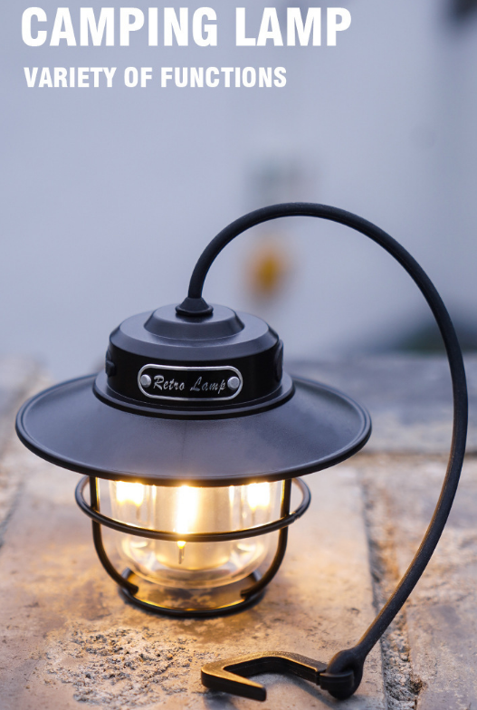 Retro LED Camping Lantern Rechargeable Pinecone Light Dimmable 4 Modes IPX4 Waterproof Hanging Tent Lamp for Outdoor Hiking Fishing Black