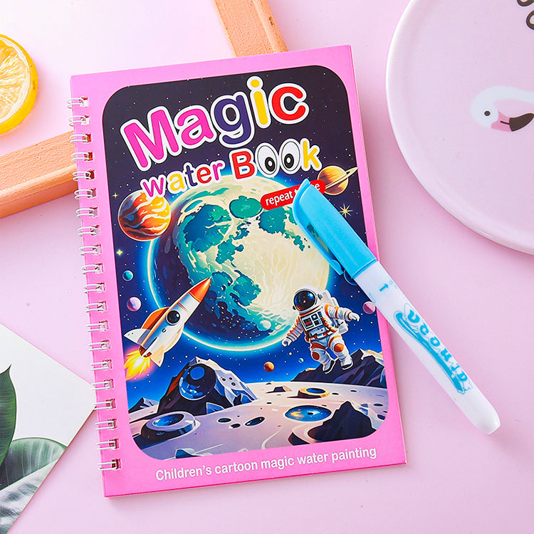 2 PCS Magic Water Colouring Book Reusable Mess Free Painting Set Space Astronaut and Cartoon Puppy Themes with Refillable Water Pens for Kids Travel Activity