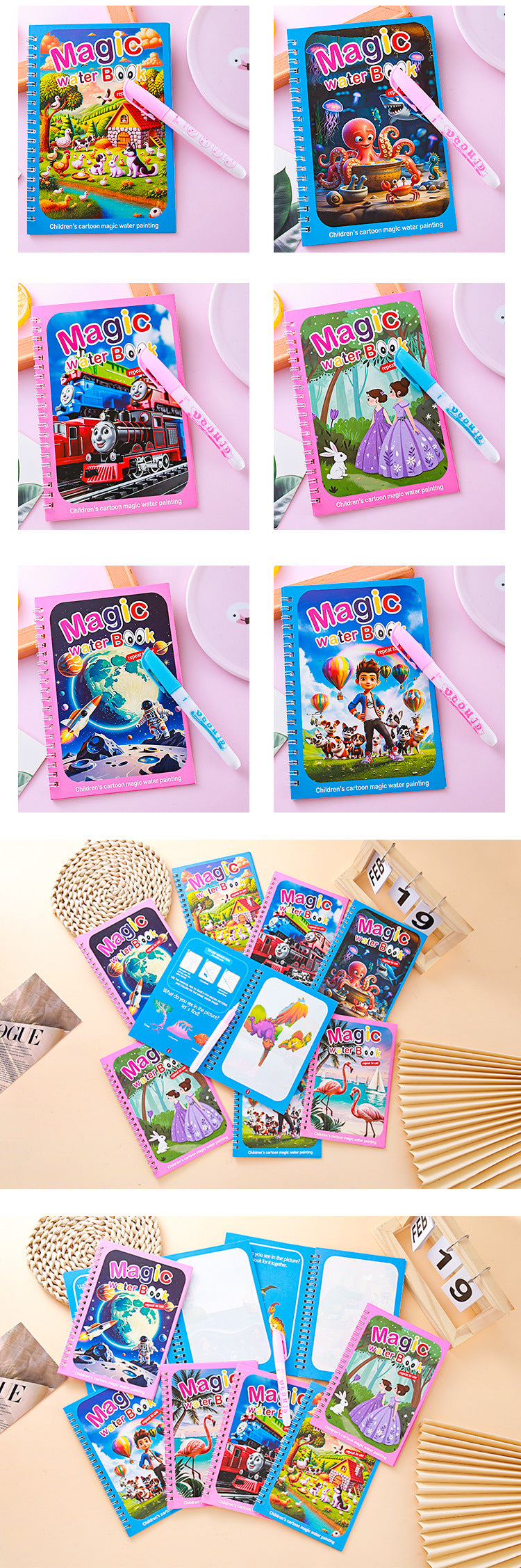 2 PCS Magic Water Colouring Book Reusable Mess Free Painting Set Space Astronaut and Cartoon Puppy Themes with Refillable Water Pens for Kids Travel Activity