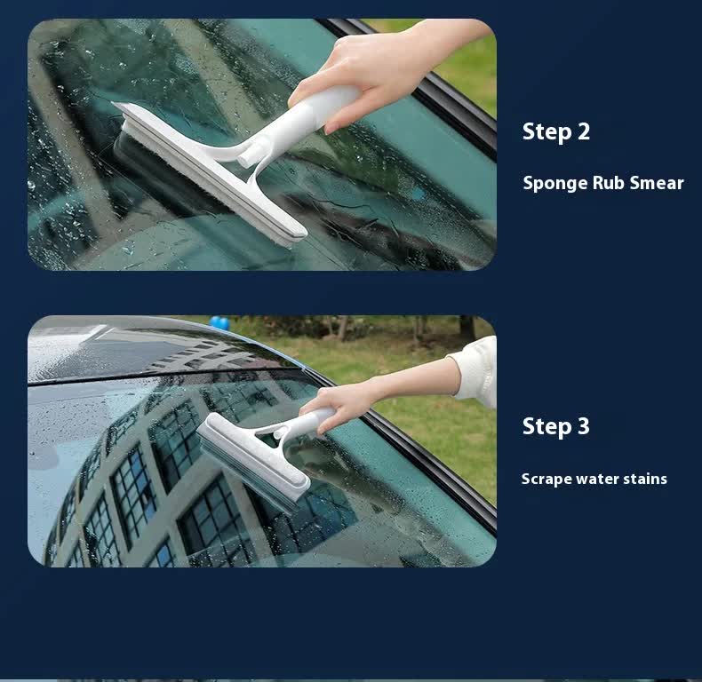 Blue 3-in-1 Window Squeegee with Built-in Spray Bottle - Dual Sided Sponge Glass Cleaner - Streak Free Tool for Shower Screens, Mirrors & Car Windows