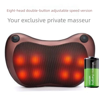 Cordless Rechargeable Shiatsu Massage Pillow - 8 Node Dual Button Neck & Back Massager with Heat - Wireless Deep Kneading Cushion for Car Home & Travel - Brown