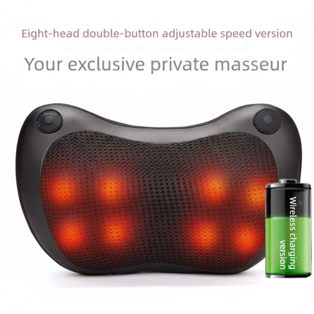 Cordless Rechargeable Shiatsu Massage Pillow - 8 Node Dual Button Neck & Back Massager with Heat - Wireless Deep Kneading Cushion for Car Home & Travel - Black