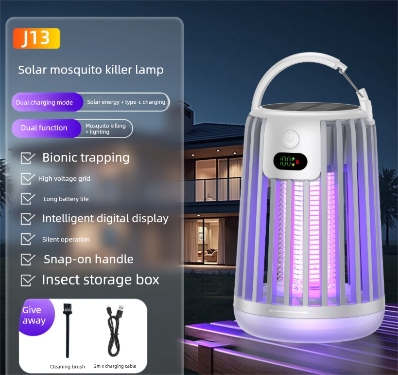 Solar Bug Zapper & Camping Light - 2000V Electric Mosquito Killer with Type-C USB Charging - Portable Insect Trap for Outdoor Patio Garden & Camping - Smart Battery Display - White