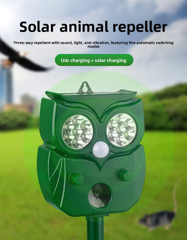 Solar Ultrasonic Animal Repeller - Owl Design with 14 LED Flashing Lights - Outdoor Motion Sensor Deterrent for Birds, Cats, Dogs & Rodents - 5 Adjustable Modes with USB Charging