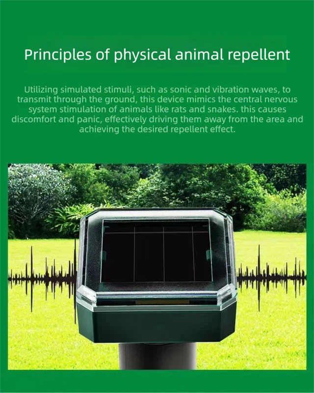 Solar-Powered Sonic Snake and Rodent Repeller Ground Stake - Outdoor Waterproof Ground Vibration Pest Deterrent Device - Ultrasonic Control for Moles, Voles, and House Mice - Garden Lawn Protection - Green Circular Top Model