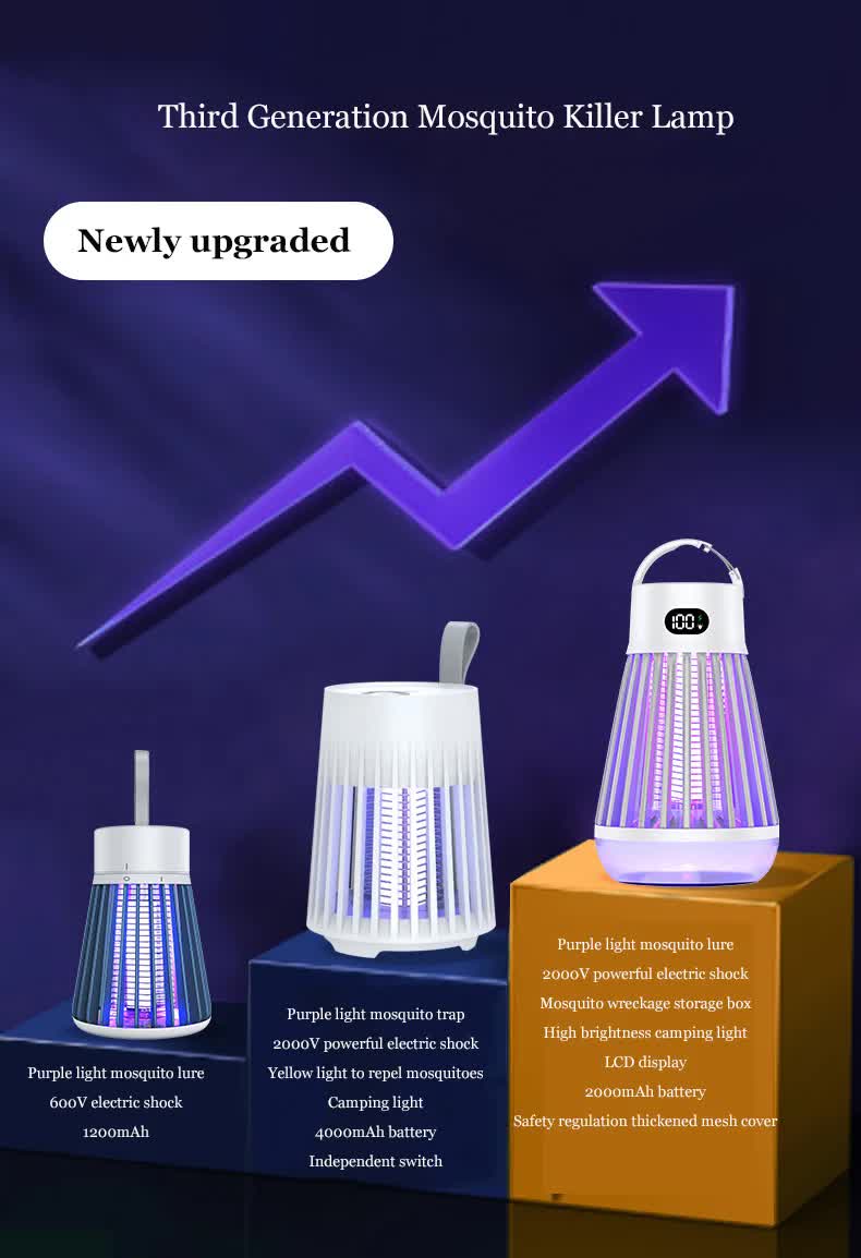 2-in-1 Rechargeable Mosquito Zapper & Camping Lantern - 2000V Electric Insect Killer with Smart Digital Display - 2000mAh Battery Portable Bug Trap for Outdoor Tent Patio & Home - IPX5 Waterproof - Black