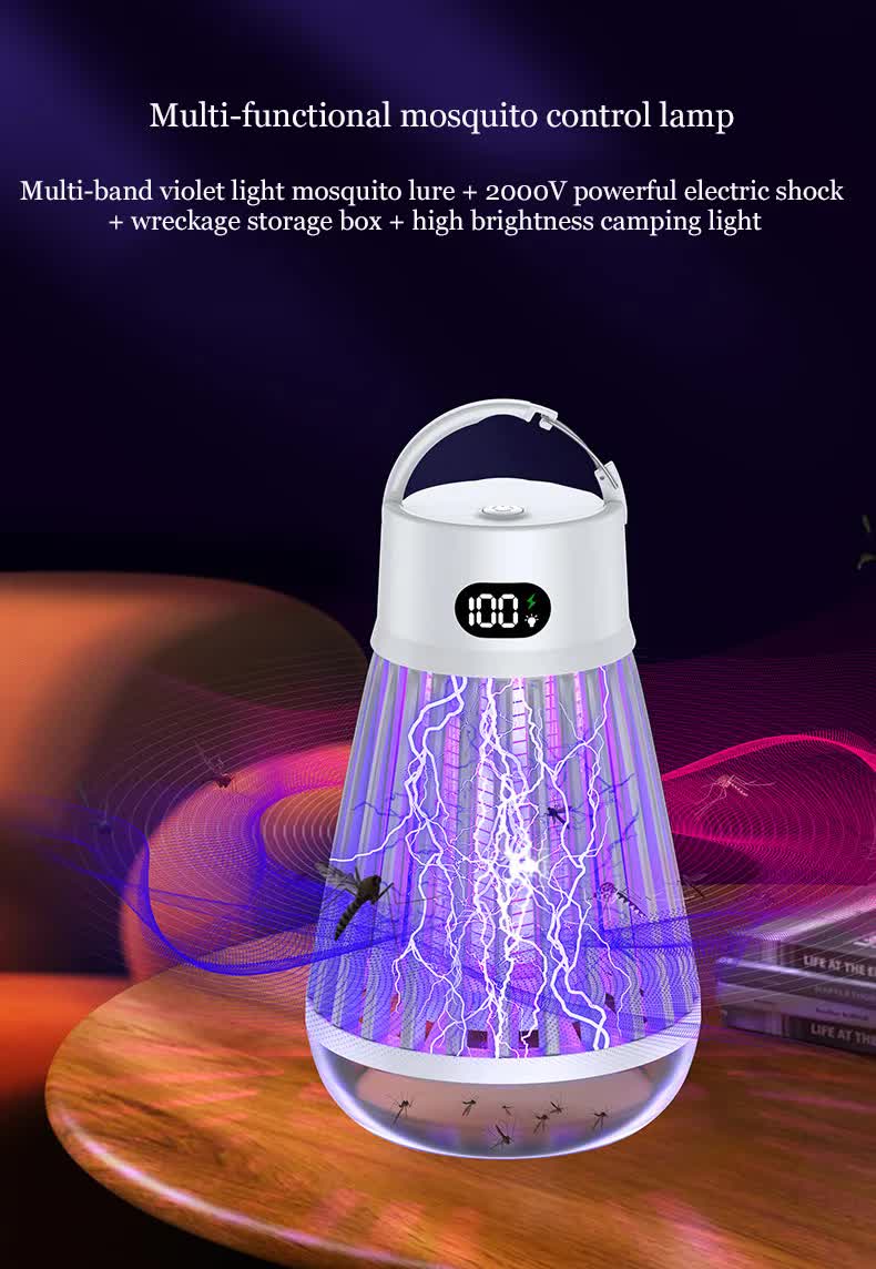 2-in-1 Rechargeable Mosquito Zapper & Camping Lantern - 2000V Electric Insect Killer with Smart Digital Display - 2000mAh Battery Portable Bug Trap for Outdoor Tent Patio & Home - IPX5 Waterproof - Black