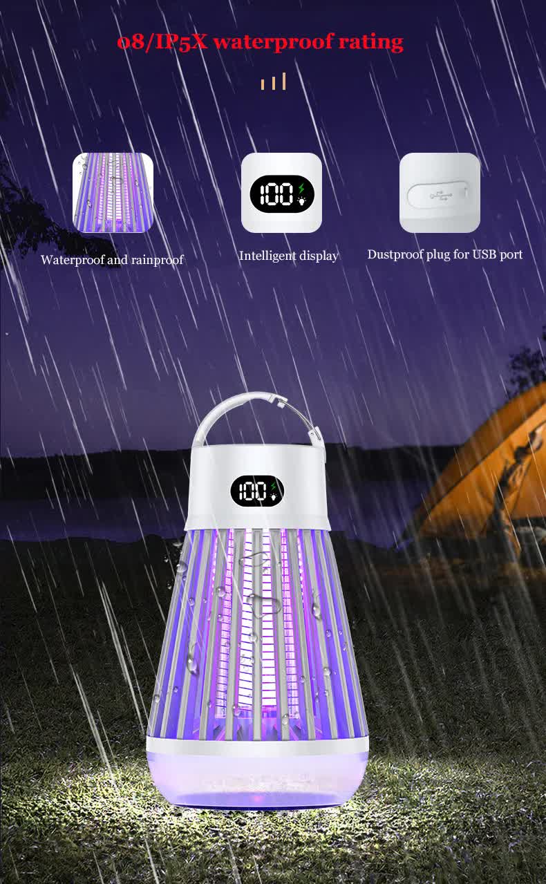 2-in-1 Rechargeable Mosquito Zapper & Camping Lantern - 2000V Electric Insect Killer with Smart Digital Display - 2000mAh Battery Portable Bug Trap for Outdoor Tent Patio & Home - IPX5 Waterproof - Black