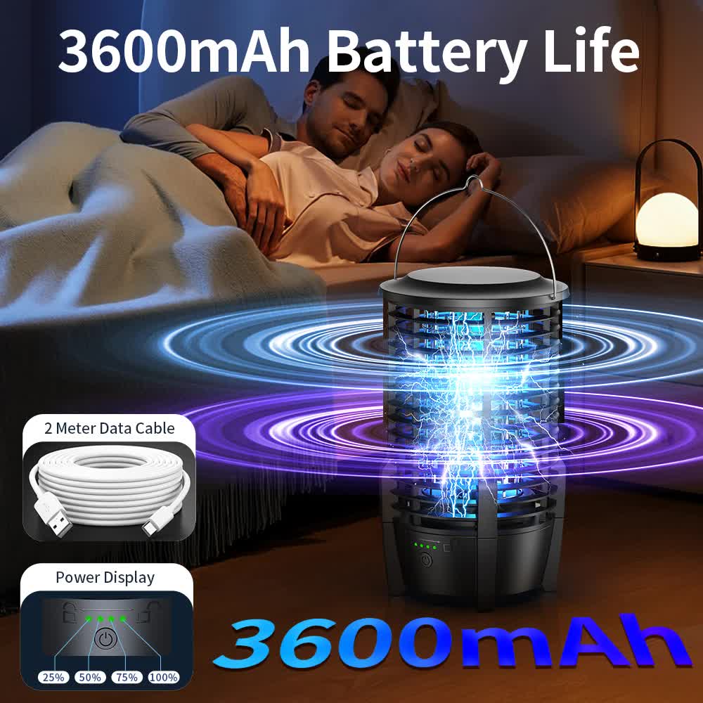 2-in-1 Rechargeable Mosquito Zapper & Camping Lantern - 3600mAh Battery - 2000V Electric Insect Killer with Bionic Trap Technology - Waterproof Outdoor Bug Trap - Black