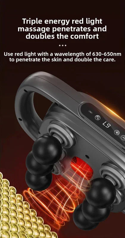 6-Head Deep Tissue Percussion Massager - Cordless Electric Muscle Gun with Red Light Therapy - 9 Speed Dual Handle Body Relaxer for Back & Legs - Starry Grey