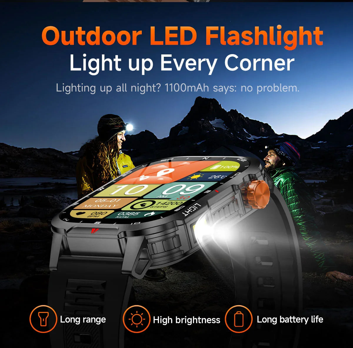 Rugged Outdoor Smart Watch for Men - 1100mAh Extra Long Battery with LED Flashlight & Compass - 2.01