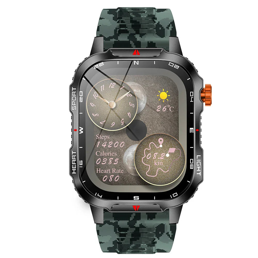 Rugged Outdoor Smart Watch for Men - 1100mAh Extra Long Battery with LED Flashlight & Compass - 2.01