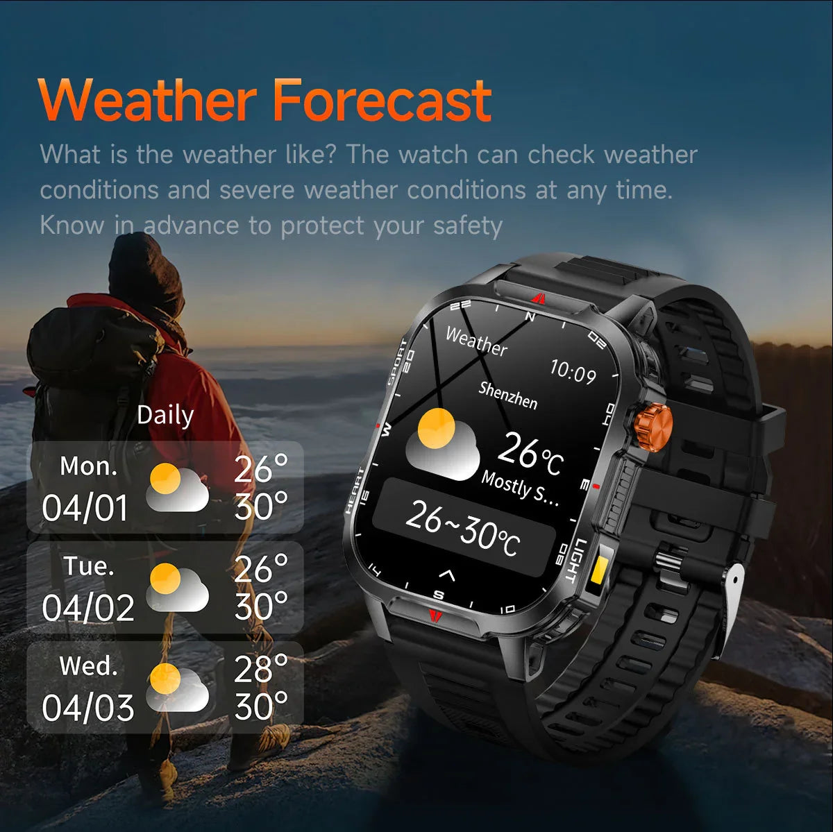 Rugged Outdoor Smart Watch for Men - 1100mAh Extra Long Battery with LED Flashlight & Compass - 2.01
