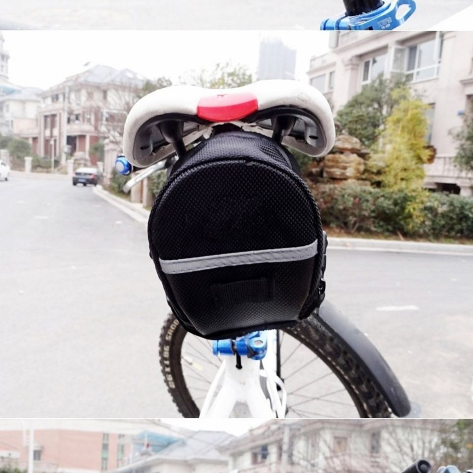 Bike Saddle Bag Under Seat Storage Pouch - Compact 600D Cycling Wedge Pack with Reflective Strip & Tail Light Loop - Quick Release Strap for MTB Road & Folding Bikes - Black