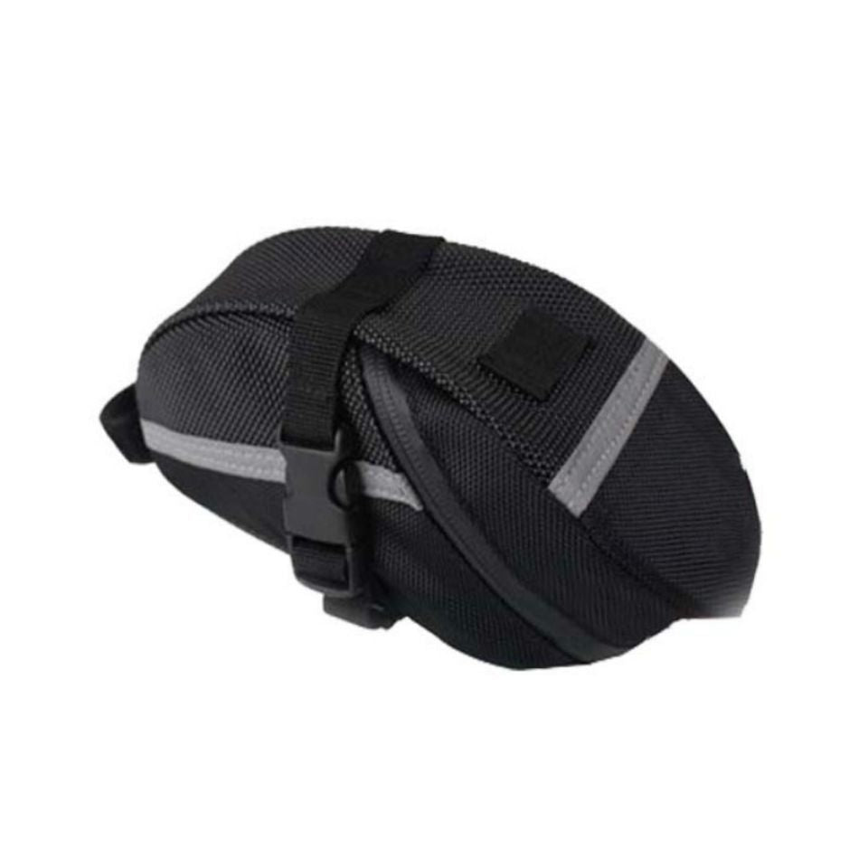 Bike Saddle Bag Under Seat Storage Pouch - Compact 600D Cycling Wedge Pack with Reflective Strip & Tail Light Loop - Quick Release Strap for MTB Road & Folding Bikes - Black