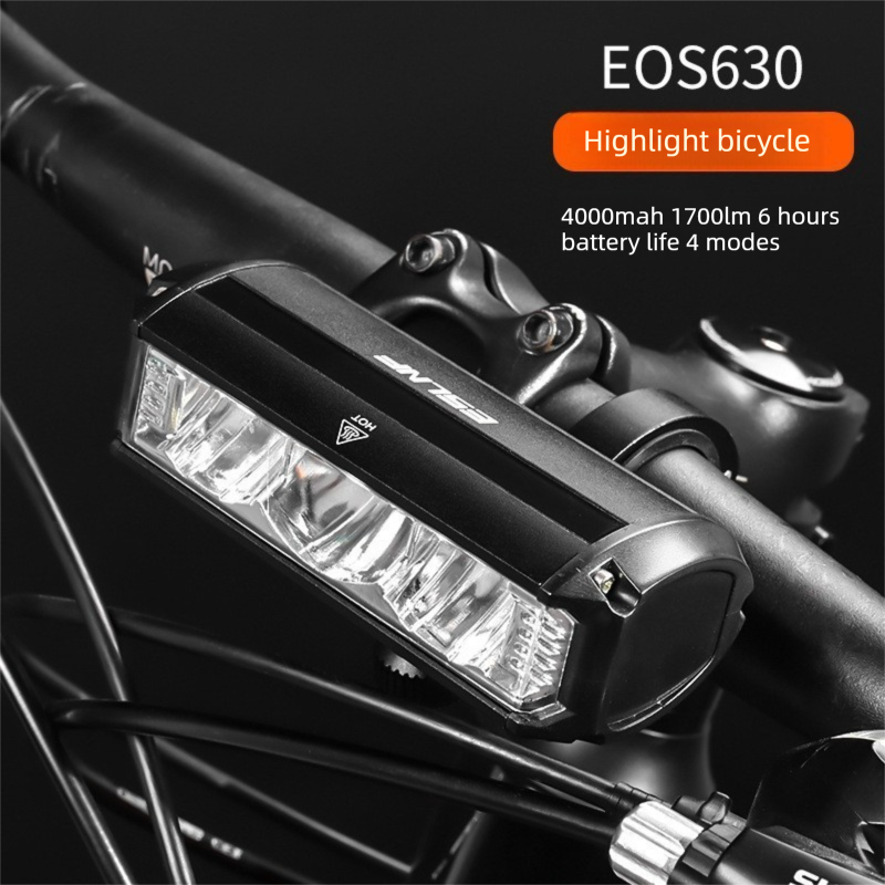 EOS630 1700 Lumen High Brightness Bike Light with Single Bracket Mount - 4000mAh Long Life USB Rechargeable Battery - Aluminium Alloy Horizontal Headlamp for MTB & Road Cycling