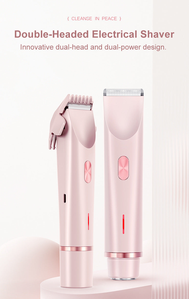 2-in-1 Electric Lady Shaver & Bikini Trimmer Dual Head Waterproof Wet & Dry Body Hair Remover Cordless Razor for Face Legs Underarms Pink