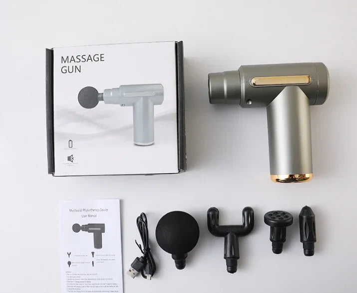 Mini Massage Gun Deep Tissue Percussion Muscle Massager Portable Handheld Quiet 6 Speeds 4 Heads Type-C Charging Electric Body Relaxer Tool Grey