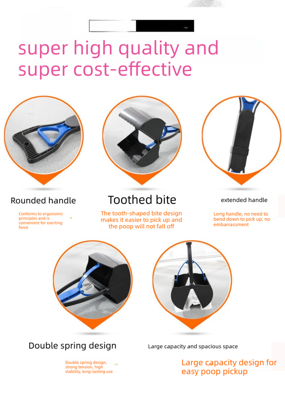 Portable Pet Pooper Scooper 28cm Handheld Dog Waste Jaw Claw Picker with Bone Dispenser & Waste Bags Black