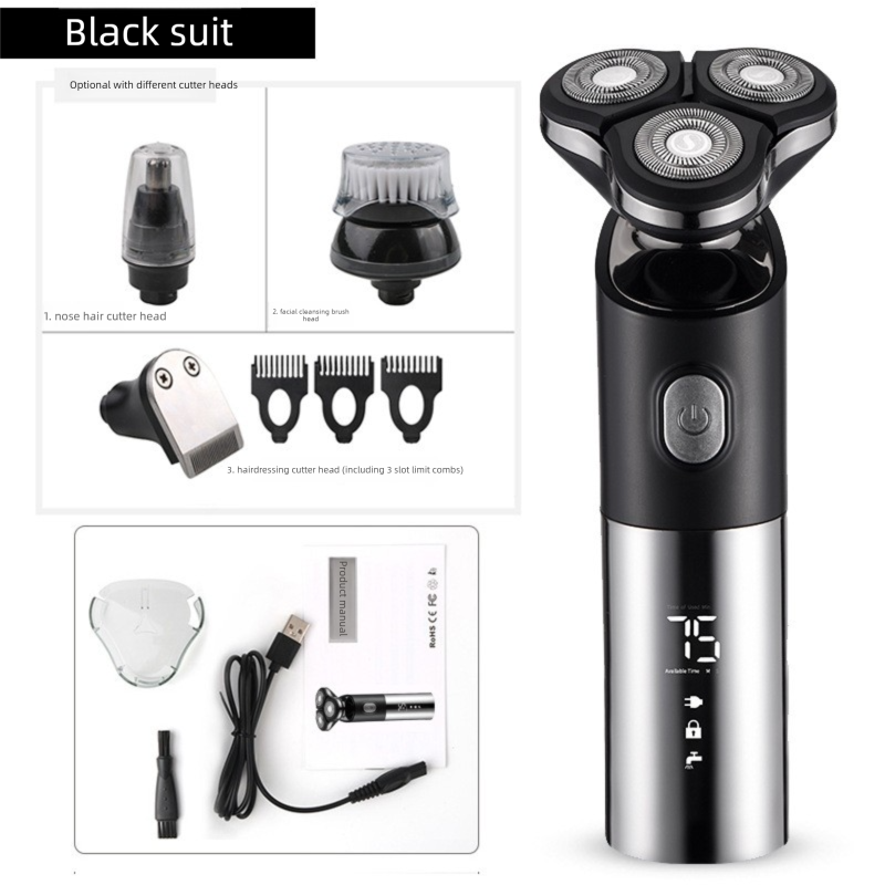 Men's 4-in-1 Electric Shaver Grooming Kit 3D Rotary Razor with Nose Trimmer Hair Clipper Facial Brush Wet & Dry Waterproof Black