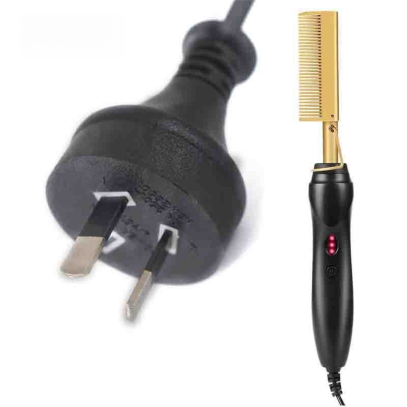2-in-1 Electric Hot Comb Hair Straightener & Curler Titanium Alloy Heating Fast Heat Up Anti-Scald Pressing Comb with AU Plug 3 Temp Settings Gold