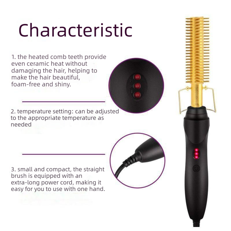 2-in-1 Electric Hot Comb Hair Straightener & Curler Titanium Alloy Heating Fast Heat Up Anti-Scald Pressing Comb with AU Plug 3 Temp Settings Gold