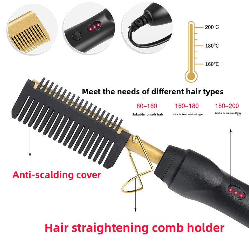 2-in-1 Electric Hot Comb Hair Straightener & Curler Titanium Alloy Heating Fast Heat Up Anti-Scald Pressing Comb with AU Plug 3 Temp Settings Black