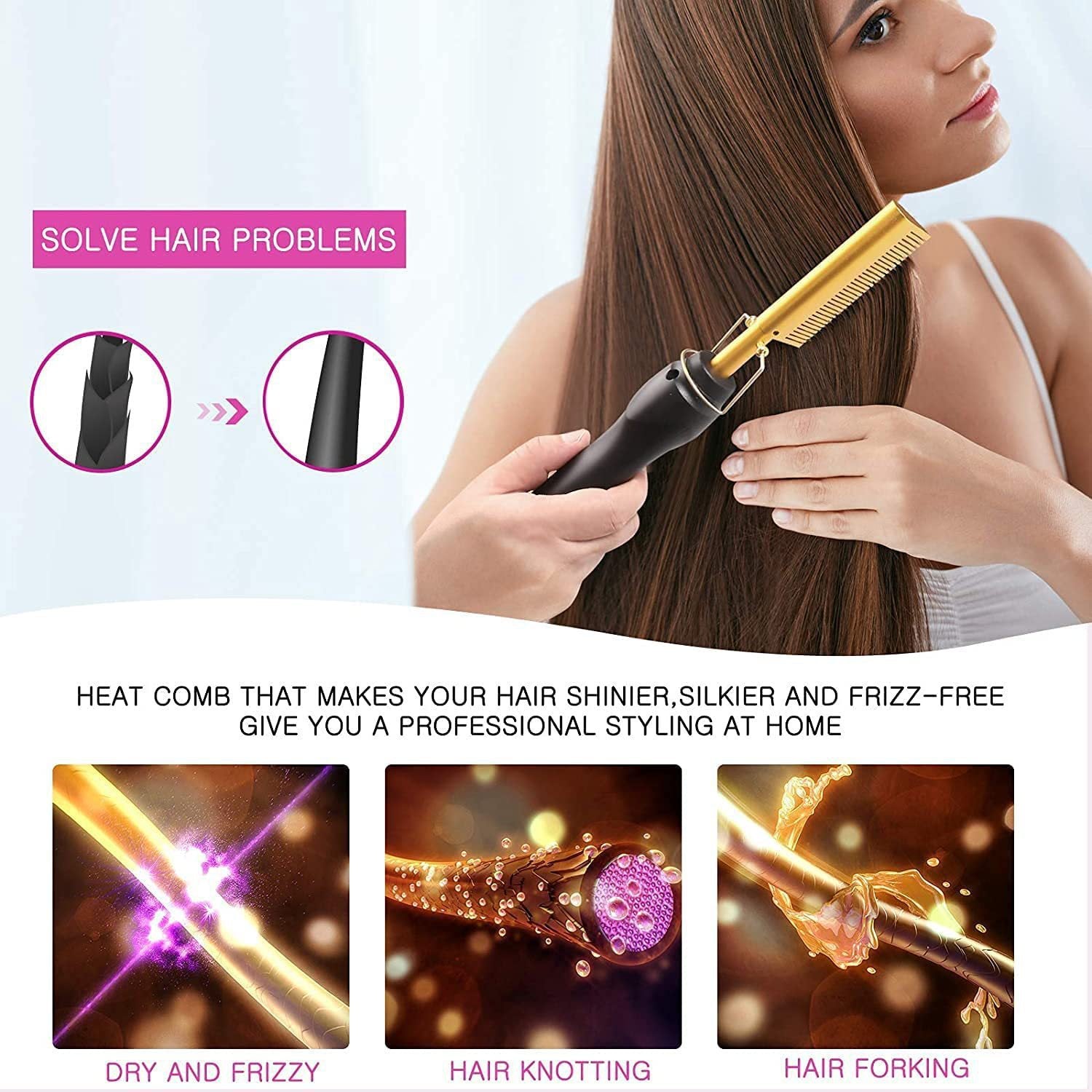 Electric Hot Comb Hair Straightener & Curler Titanium Alloy Fast Heat Wet Dry Styling Tool Black Gold AU Plug