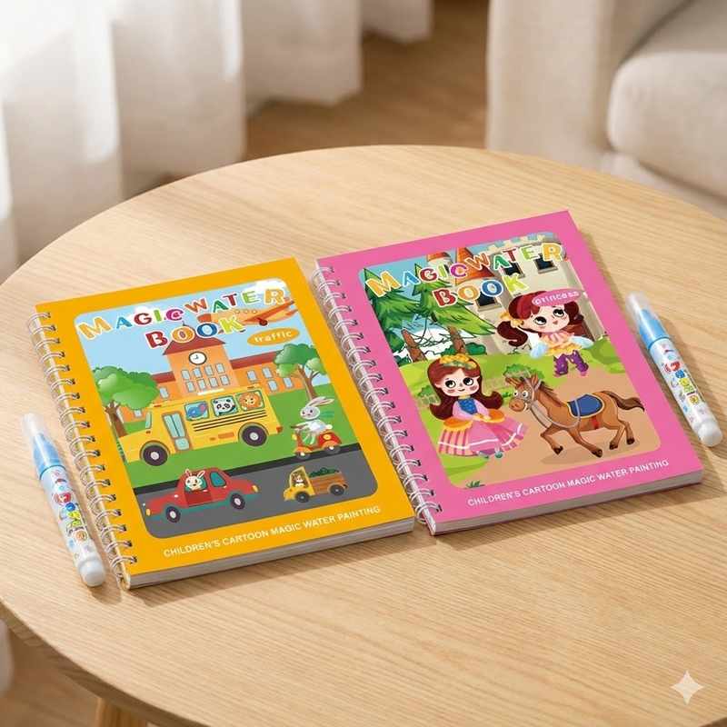 2 PCS Magic Water Colouring Book Traffic & Princess Themes Reusable Painting Activity Set Mess Free Travel Toy for Kids