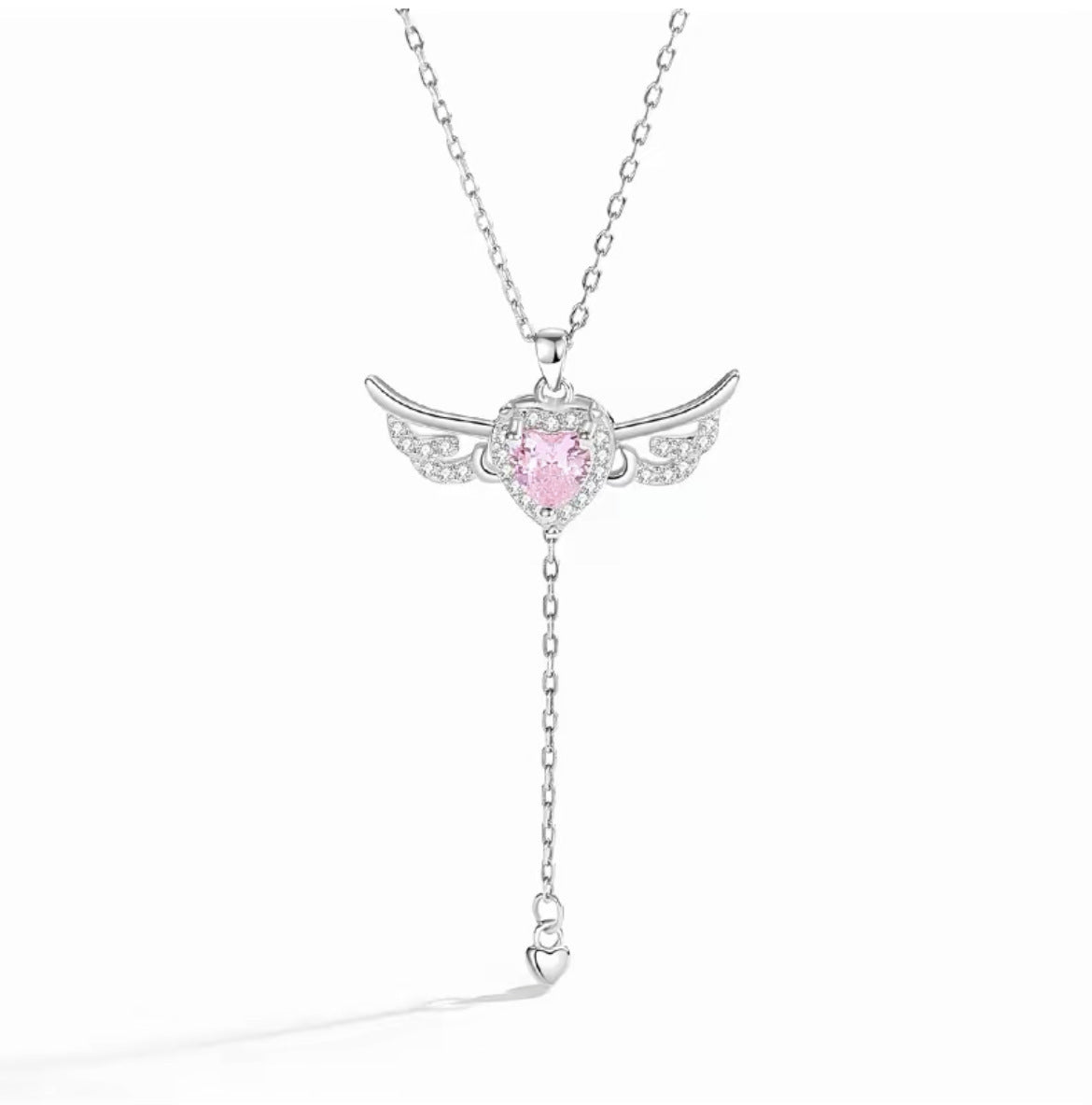 S925 Sterling Silver Angel Wings Necklace with Pink Heart Crystal & Tassel Drop Adjustable Chain Jewellery Gift for Her
