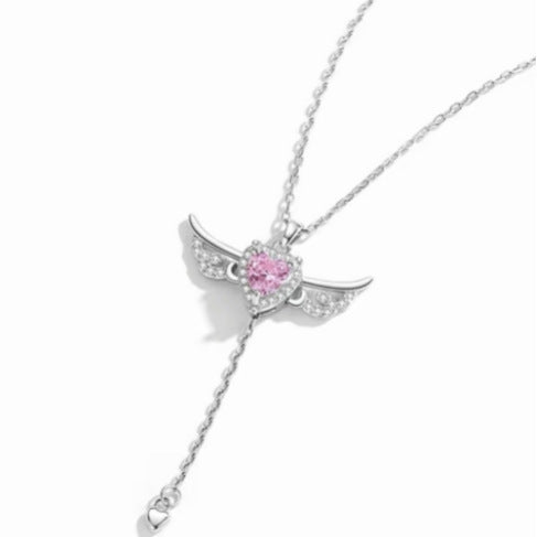 S925 Sterling Silver Angel Wings Necklace with Pink Heart Crystal & Tassel Drop Adjustable Chain Jewellery Gift for Her