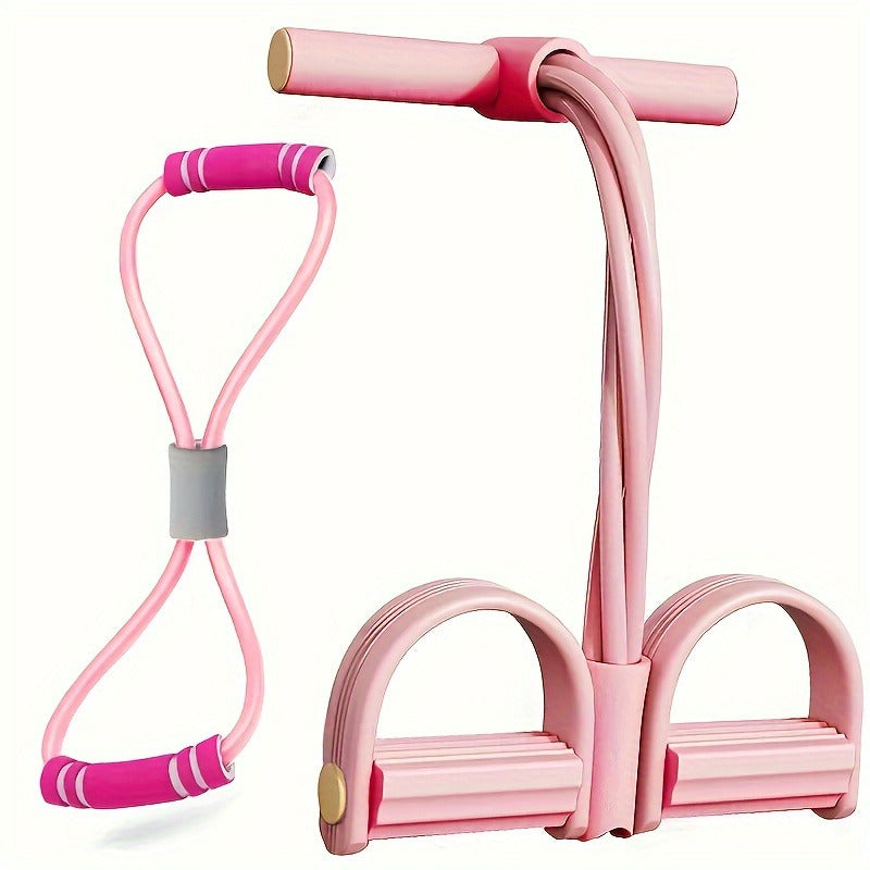 2 PCS 4-Tube Pedal Resistance Band & Figure 8 Chest Expander Pink Elastic Sit Up Pull Rope for Home Gym Yoga Pilates