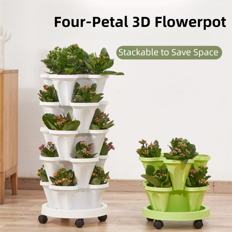 White 3-Tier Stackable Strawberry & Vegetable Planter with Mobile Wheel Tray - Space-Saving Vertical Gardening System