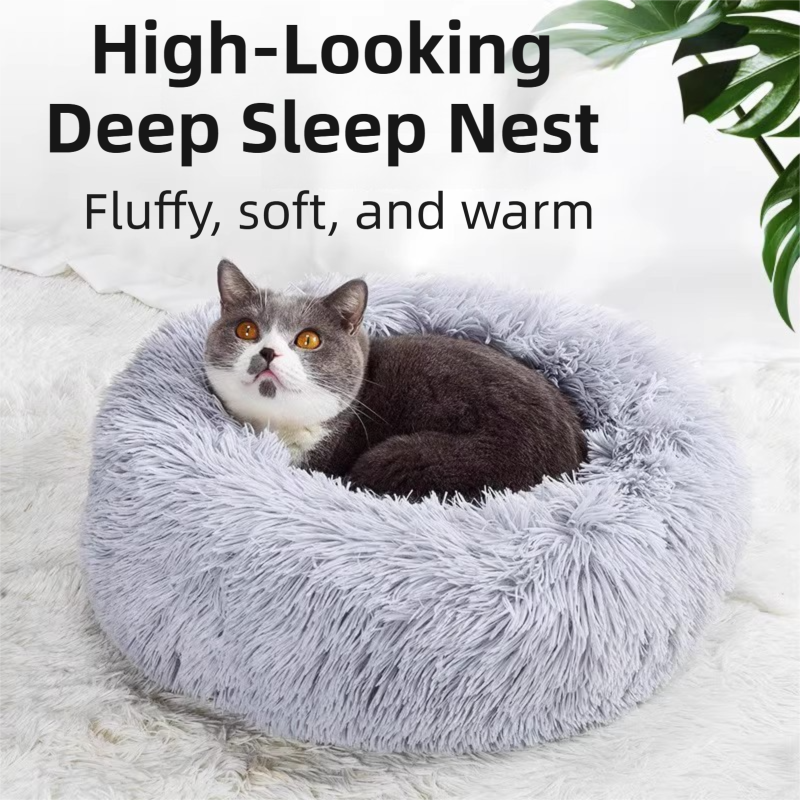 Green Cozy Donut Long Plush Cat & Dog Calming Bed(Diameter 50cm) - Double-Layer PP Cotton Filling Warming Pet Bed with Anti-Slip Base & Free Blanket