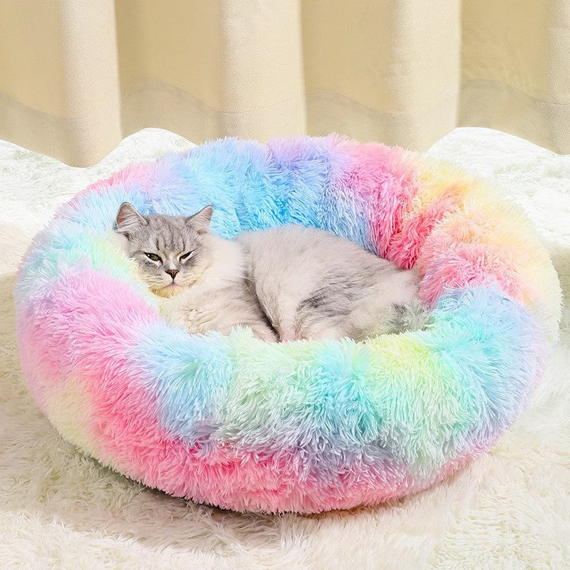 Rainbow Colors Cozy Donut Long Plush Cat & Dog Calming Bed(Diameter 50cm) - Double-Layer PP Cotton Filling Warming Pet Bed with Anti-Slip Base & Free Blanket
