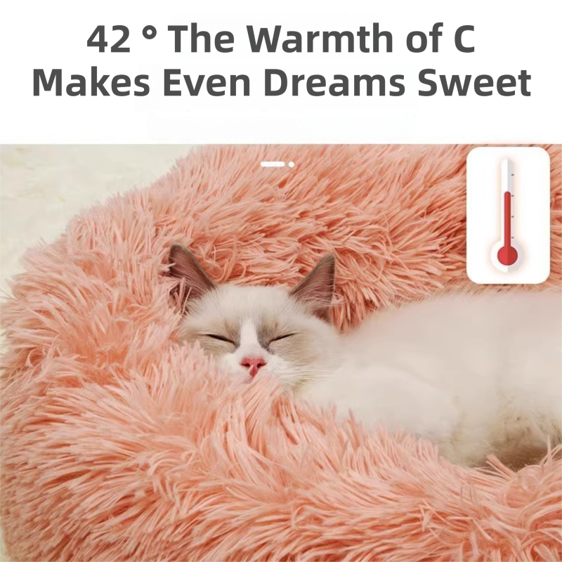 Rainbow Colors Cozy Donut Long Plush Cat & Dog Calming Bed(Diameter 50cm) - Double-Layer PP Cotton Filling Warming Pet Bed with Anti-Slip Base & Free Blanket