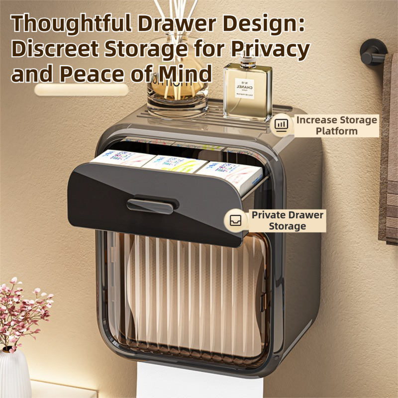 Cream White No-Drill Wall Mounted Toilet Paper Holder with Storage Shelf and Drawer - Waterproof Bathroom Tissue Dispenser for Roll & Face Tissue