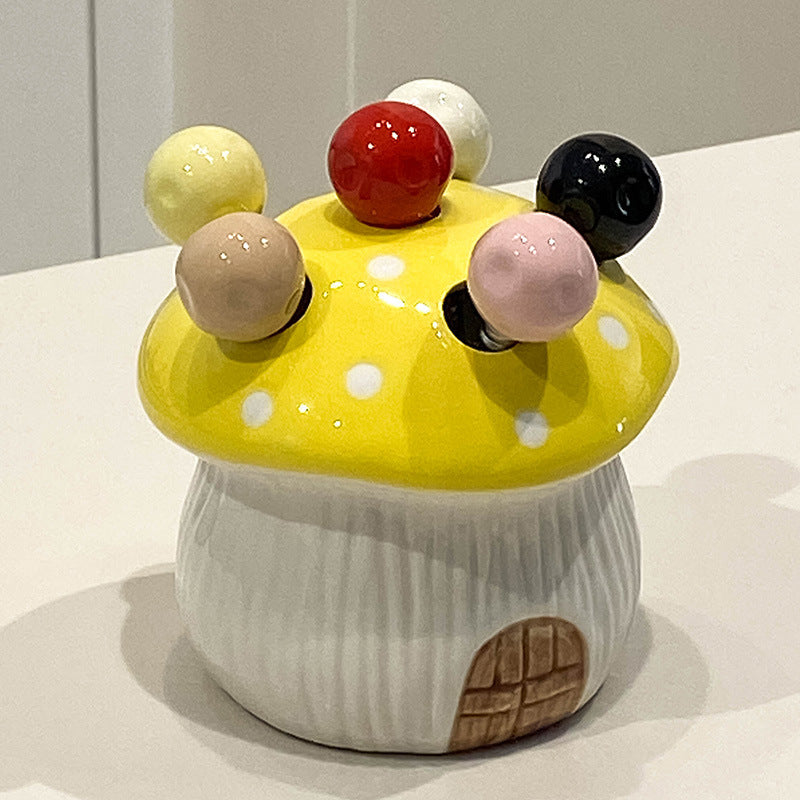 Yellow Cute Cartoon Mushroom Mirror Polished Cutlery Jar with 6-Piece Stainless Steel Fruit Fork Set - Dessert Picks/Appetizer Forks
