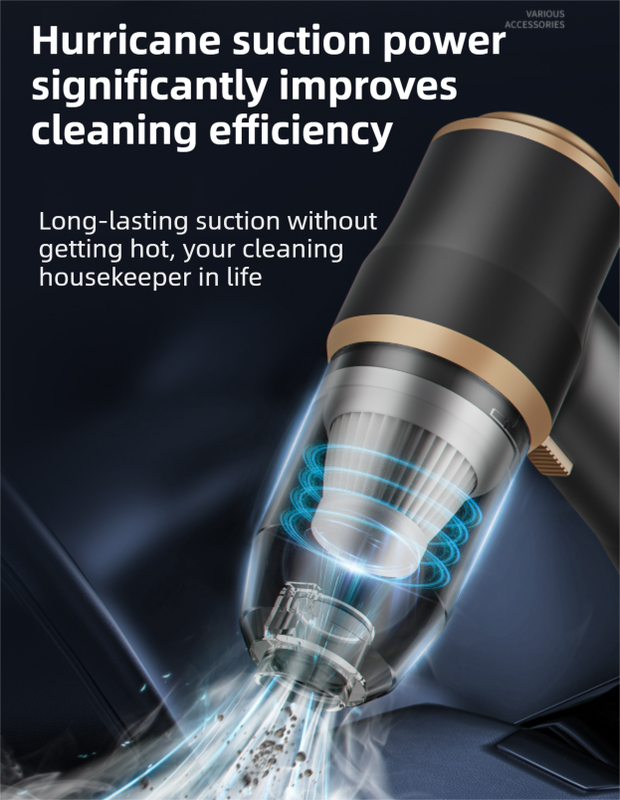 4-in1 Black Wireless Compact Handheld Car Vacuum Cleaner & Air Duster  with 5 Nozzles/Brushes- 15000 Pa Ultra-Powerful Blower/Suction Tool for Auto, Home & Office