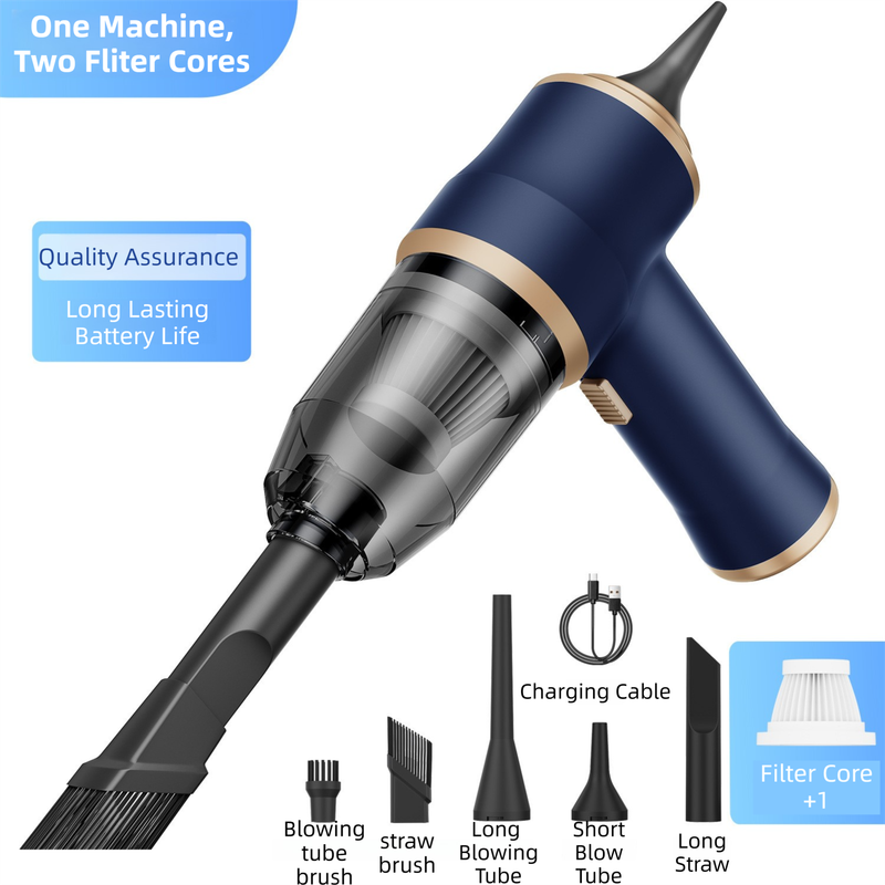4-in1 Blue Wireless Compact Handheld Car Vacuum Cleaner & Air Duster  with 5 Nozzles/Brushes- 15000 Pa Ultra-Powerful Blower/Suction Tool for Auto, Home & Office