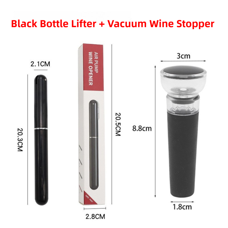 Black Pen-Style Air Pressure Wine Bottle Opener with Vacuum Wine Stopper Set - Effortless Cork Removal for Home & Champagne Party